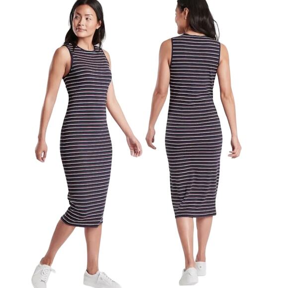 Athleta Dresses & Skirts - Athleta Navy Blue/Multicolor Sunstream Striped Midi Dress Women's Size Small